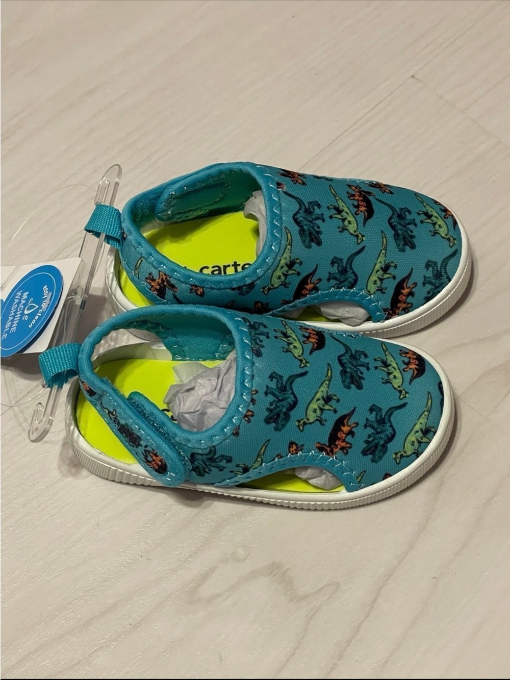 Carter's Teal Dinosaur Slip-On Water Shoes with Lime Insole